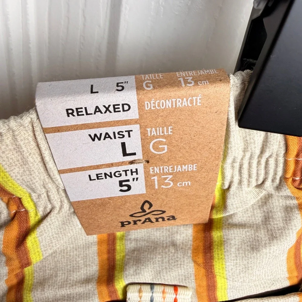 prAna Mens Indio Heritage Short L Yarrow Orange Yellow Striped Sustainable Beach - Picture 4 of 9